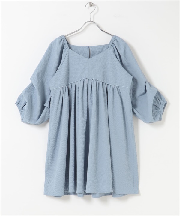 打褶袖迷你洋裝(藍色-one-BLUE)