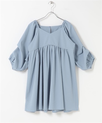 打褶袖迷你洋裝(藍色-one-BLUE)