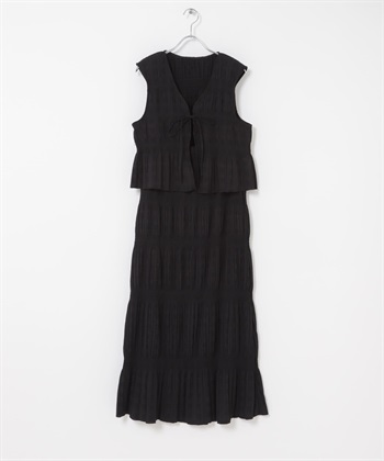 【成套組合】層次縮褶背心 X 長裙(黑色-one-BLACK)