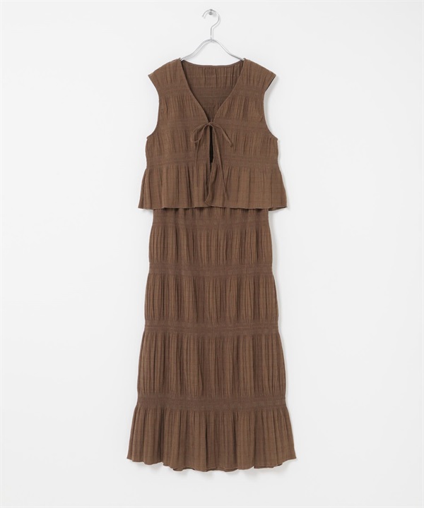 【成套組合】層次縮褶背心 X 長裙(棕色-one-BROWN)