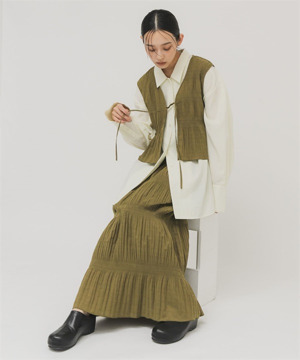 【成套組合】層次縮褶背心 X 長裙