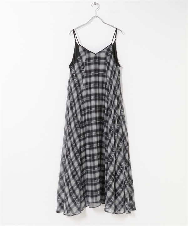 格紋百褶細肩帶洋裝(黑色x象牙白-one-其他黑色)