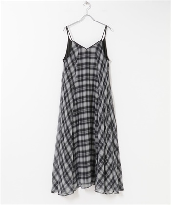 格紋百褶細肩帶洋裝(黑色x象牙白-one-其他黑色)