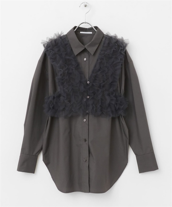 薄紗荷葉背心加襯衫組合(炭灰色x炭灰色-one-CHARCOAL GRAY)