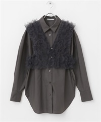 薄紗荷葉背心加襯衫組合(炭灰色x炭灰色-one-CHARCOAL GRAY)