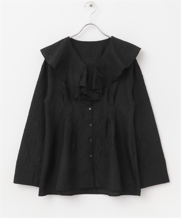 腰部打褶荷葉領罩衫(黑色-one-BLACK)