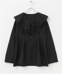 腰部打褶荷葉領罩衫(黑色-one-BLACK)