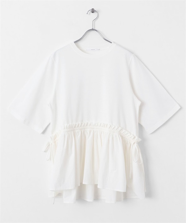 防汗漬拼接荷葉下襬上衣(米色x米色-one-OFF WHITE)