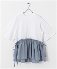 防汗漬拼接荷葉下襬上衣(米色x藍色-one-其他白色)