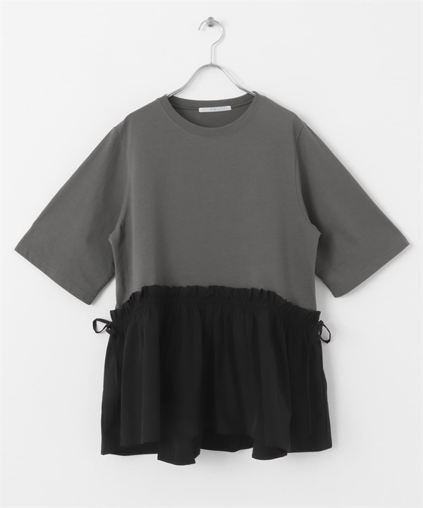 防汗漬拼接荷葉下襬上衣(炭灰色x黑色-one-其他灰色)