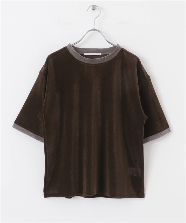 網狀絲絨配色領T恤(棕色-one-BROWN)