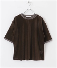 網狀絲絨配色領T恤(棕色-one-BROWN)