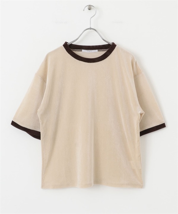 網狀絲絨配色領T恤(淺膚色-one-L.BEIGE)