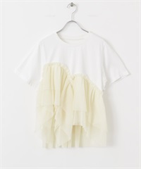 不對稱荷葉拼接設計T恤(米色x象牙白-one-其他白色)