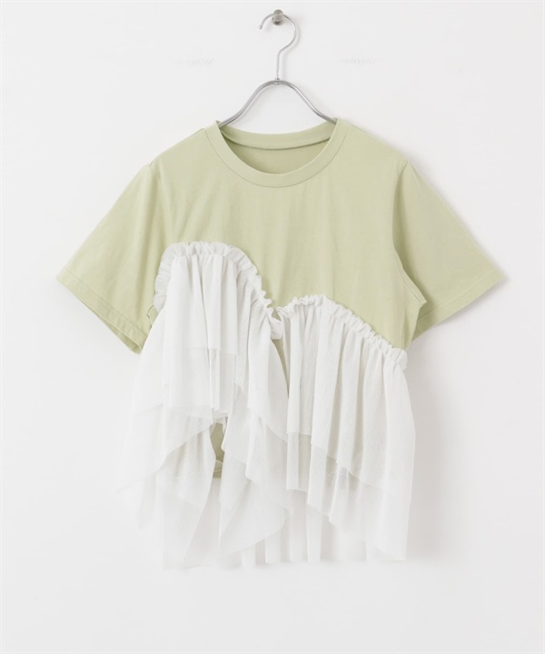 不對稱荷葉拼接設計T恤(淺綠色x米色-one-其他綠色)