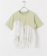 不對稱荷葉拼接設計T恤(淺綠色x米色-one-其他綠色)