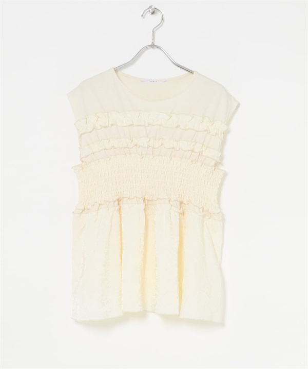 荷葉邊拼接上衣(象牙白-one-IVORY)