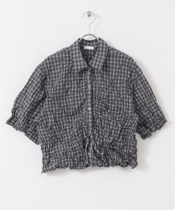 洗皺感格紋襯衫(炭灰色-one-其他灰色)