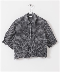 洗皺感格紋襯衫(炭灰色-one-其他灰色)