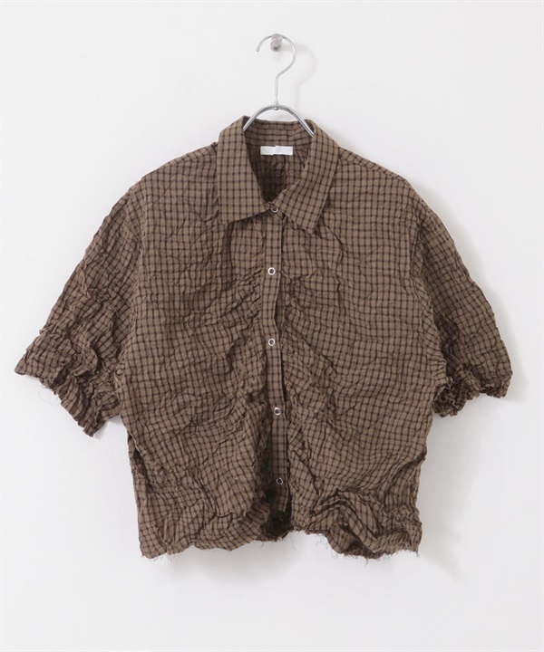 洗皺感格紋襯衫(棕色-one-其他棕色)