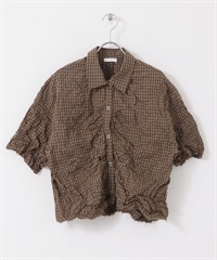 洗皺感格紋襯衫(棕色-one-其他棕色)