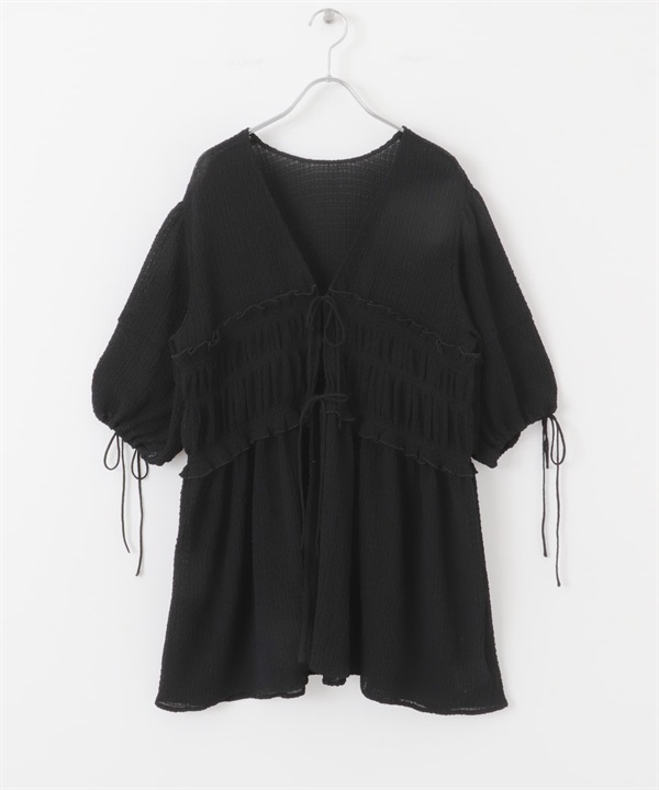 正面蝴蝶結長版上衣(黑色-one-BLACK)