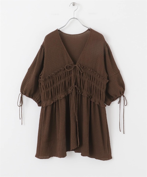 正面蝴蝶結長版上衣(棕色-one-BROWN)