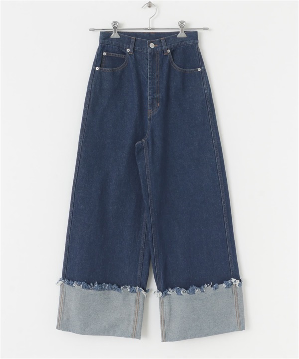 反折牛仔寬褲(藍色-34-BLUE)