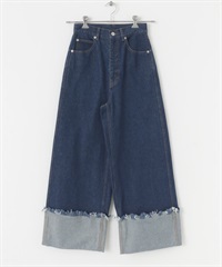 反折牛仔寬褲(藍色-34-BLUE)