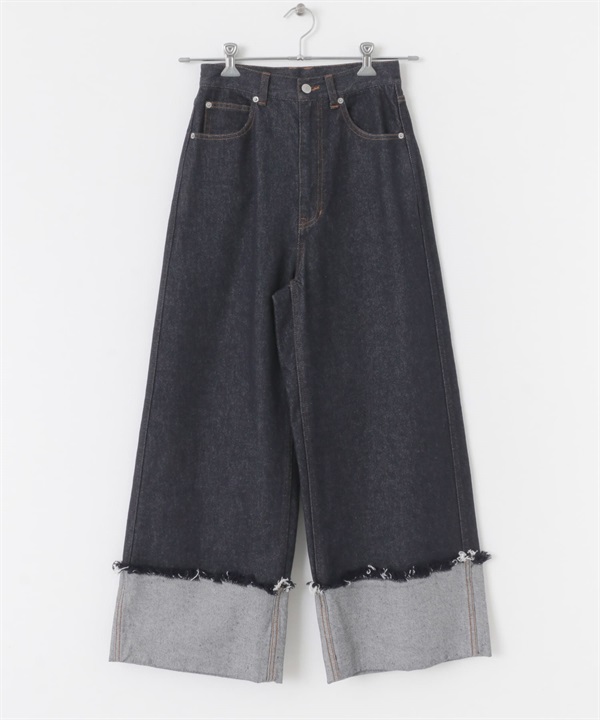 反折牛仔寬褲(靛青色-34-INDIGO BLUE)