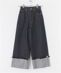 反折牛仔寬褲(靛青色-34-INDIGO BLUE)