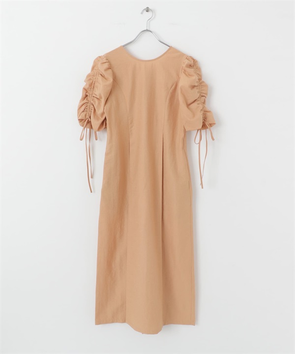 抽繩袖設計洋裝(杏桃色-36-其他橘色)