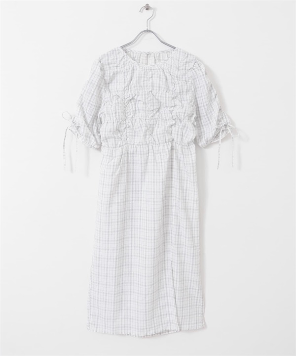 不規則抽褶縫格紋洋裝(米色-one-其他白色)