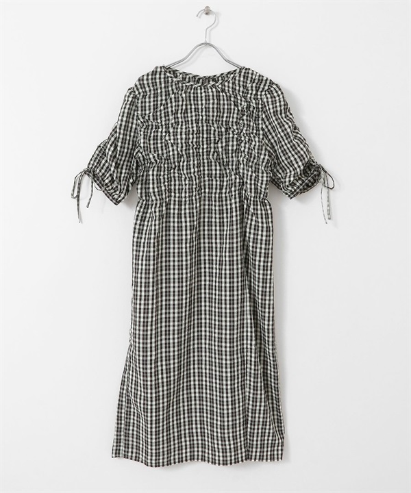 不規則抽褶縫格紋洋裝(黑色-one-其他黑色)