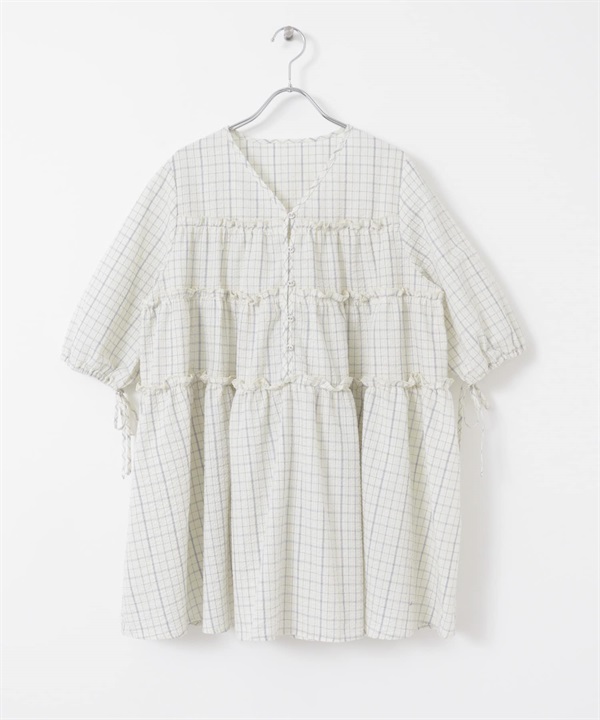 泡泡紗格紋迷你洋裝(象牙白x藍色-one-其他白色)