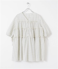 泡泡紗格紋迷你洋裝(象牙白x藍色-one-其他白色)