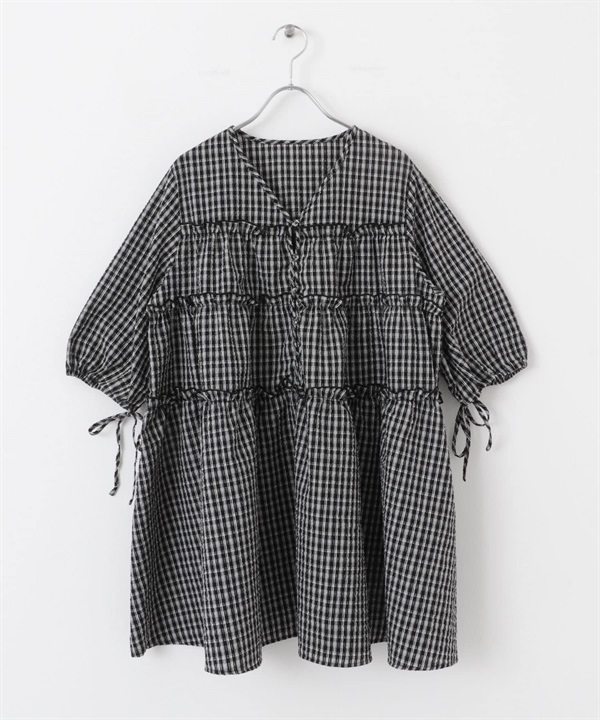 泡泡紗格紋迷你洋裝(黑色x象牙白-one-其他黑色)