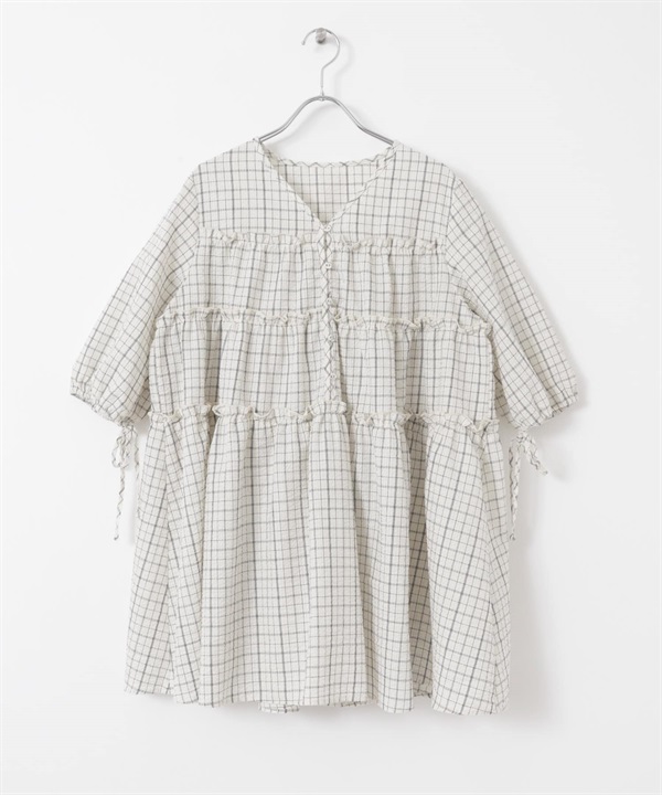 泡泡紗格紋迷你洋裝(淺膚色x黑色-one-其他膚色)