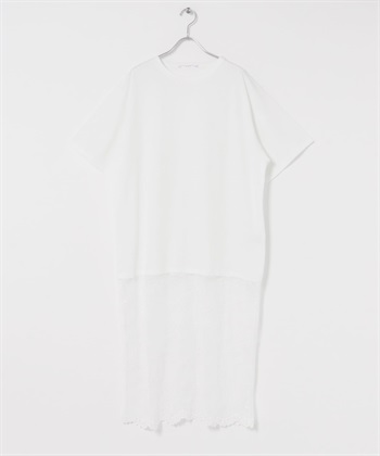 蕾絲下襬T恤洋裝(米色-one-OFF WHITE)