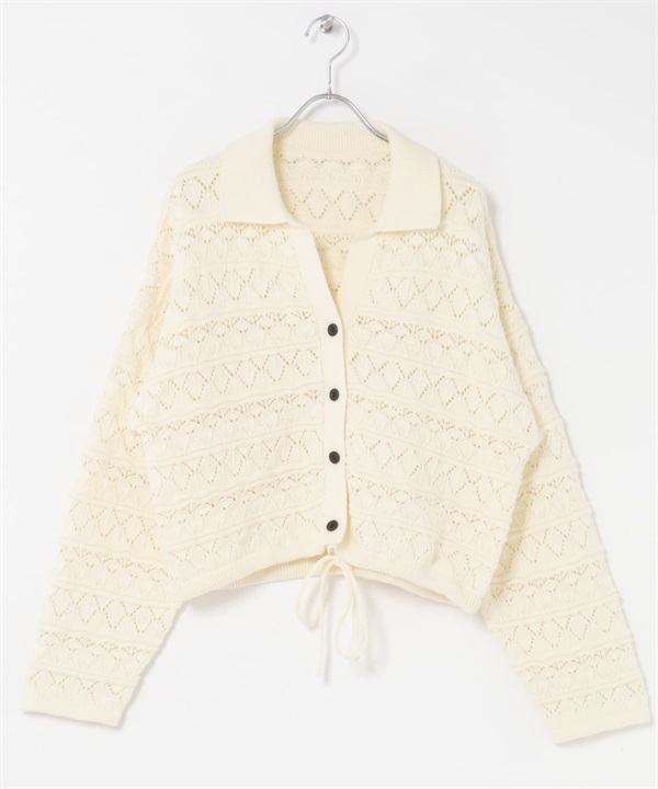 鏤空織紋V字領緣開襟衫(象牙白-one-IVORY)