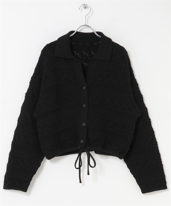 鏤空織紋V字領緣開襟衫(黑色-one-BLACK)