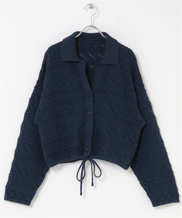 鏤空織紋V字領緣開襟衫(深藍色-one-其他藍色)