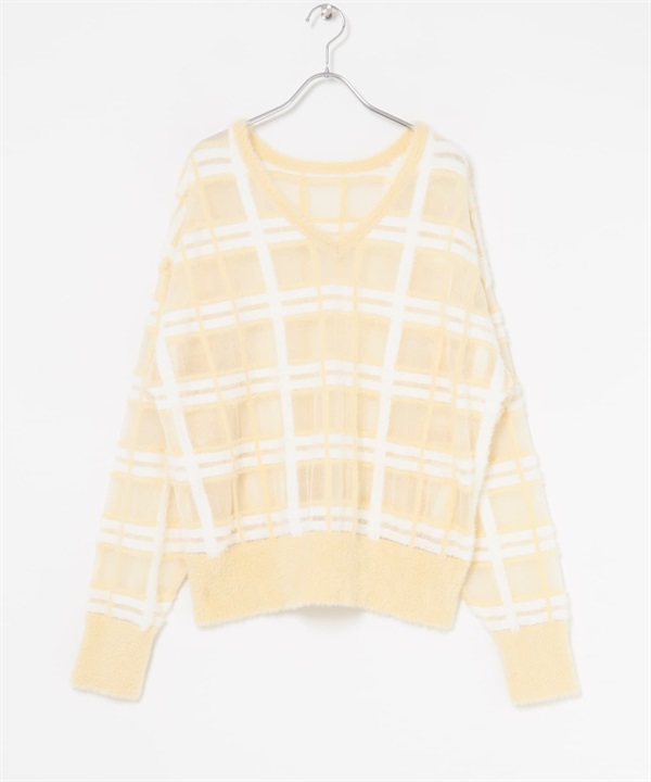透膚格紋羽毛紗針織衫(象牙白x米色-one-其他白色)