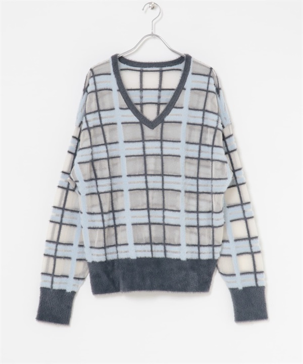 透膚格紋羽毛紗針織衫(炭灰色x藍色-one-其他灰色)