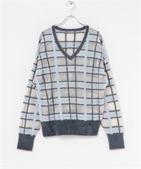 透膚格紋羽毛紗針織衫(炭灰色x藍色-one-其他灰色)