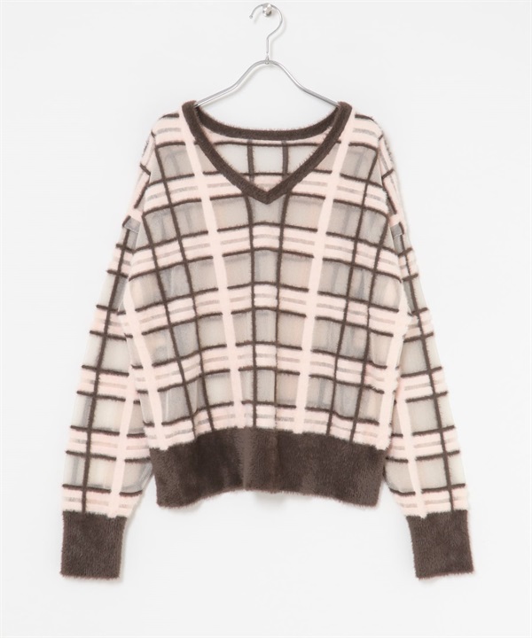 透膚格紋羽毛紗針織衫(棕色xPNK-one-其他棕色)