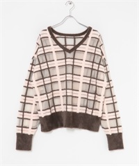 透膚格紋羽毛紗針織衫(棕色xPNK-one-其他棕色)