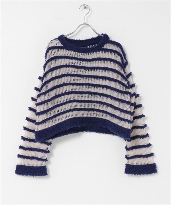 透膚橫紋針織衫(藏青色x粉紅色-one-其他藍色)