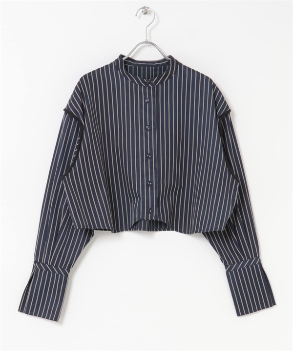 下襬設計短版襯衫(藏青色條紋-one-其他藍色)