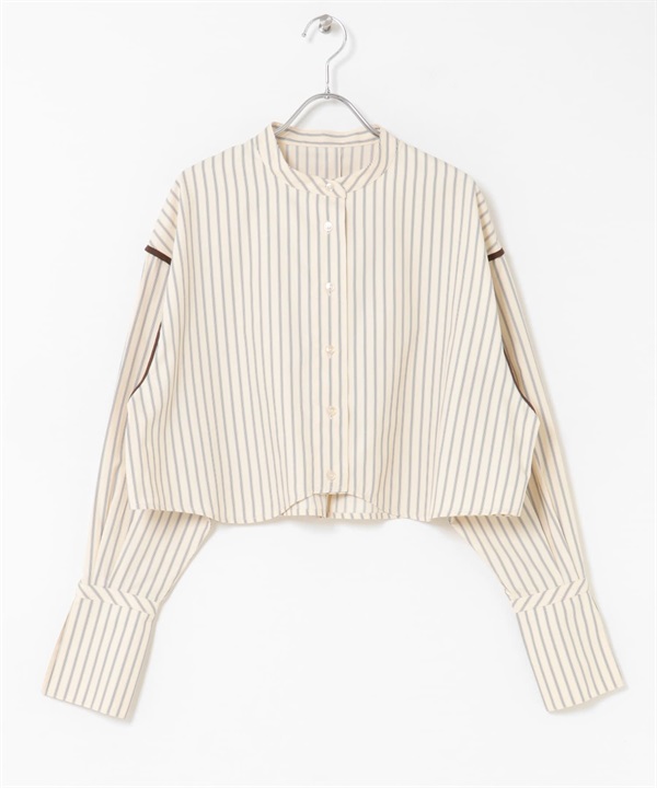 下襬設計短版襯衫(奶油色條紋-one-其他黃色)